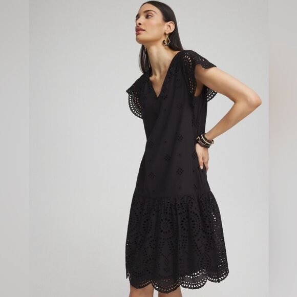 Chico's Dresses & Skirts - Chico’s Eyelet Scallop Hem Dress Size 3.5 US 18 V Neck Popover Knee length BLK